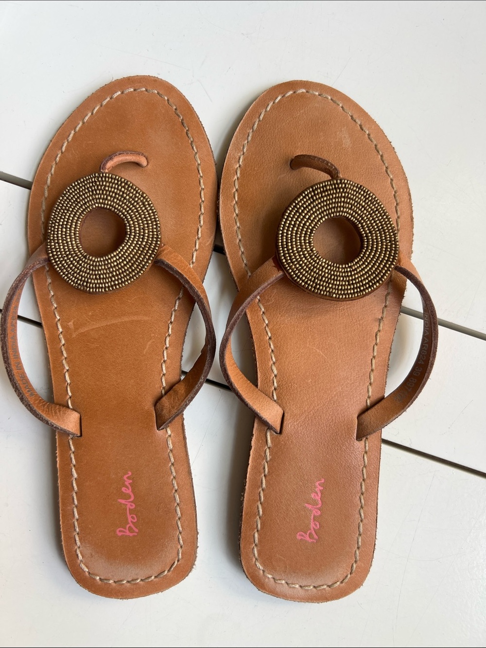 Boden Brown Leather Sandal with Beaded Circle Accent
